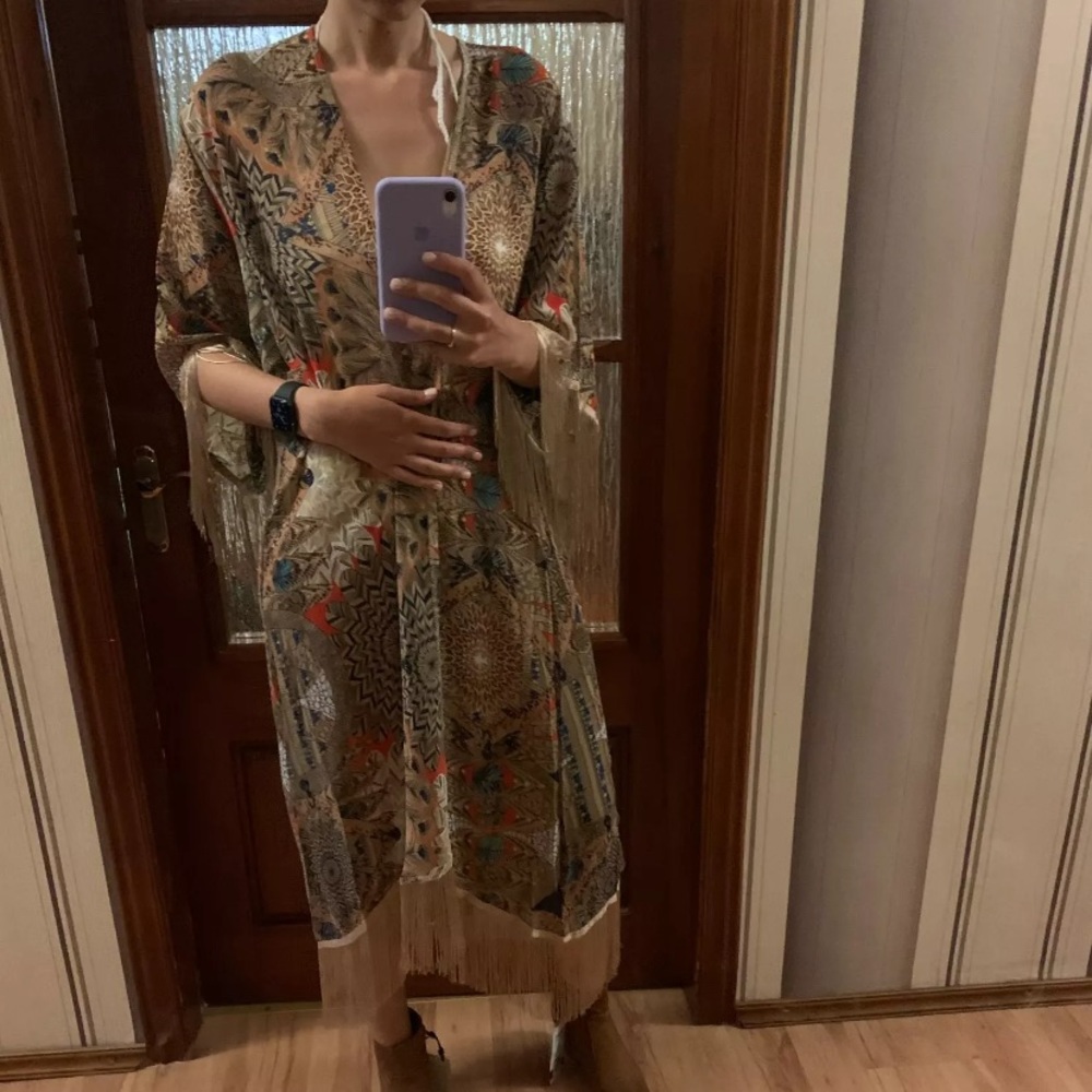 New Boho Mixed Print Kimono Cardigan Robe Jacket w/ Fringe Detail - Picture 10 of 12